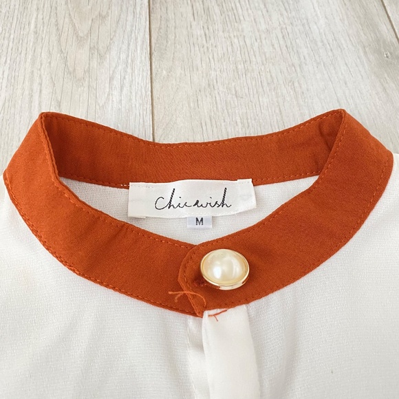 White Blouse With Burnt Orange Collar & Sleeve and Pearl Button - Picture 2 of 5